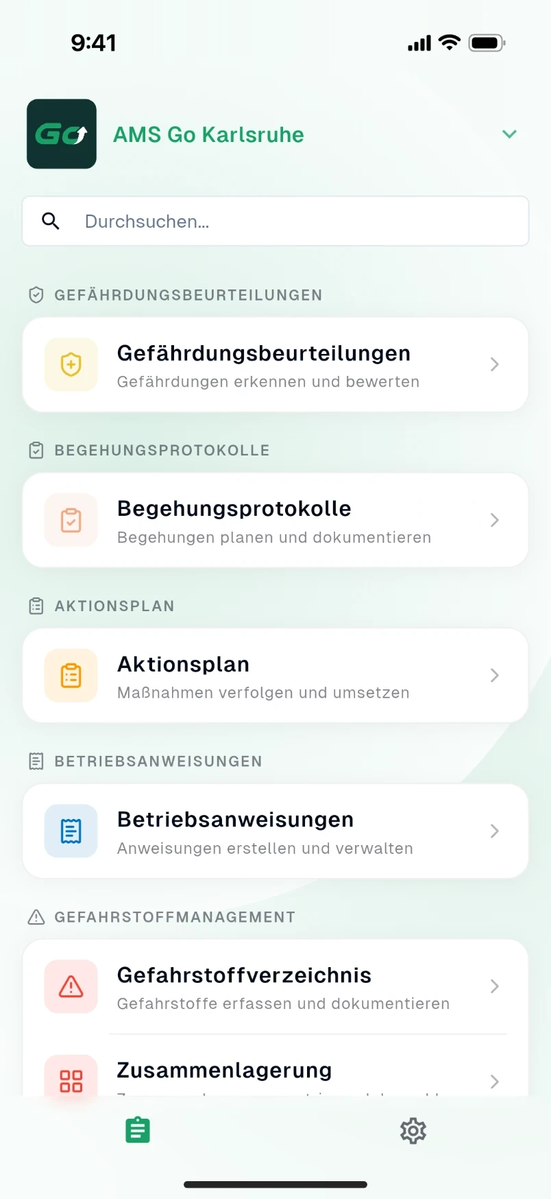 AMS Go App: Startseite mit allen Modulen für Gefährdungsbeurteilungen, Begehungen, Aktionsplan und Gefahrstoffe