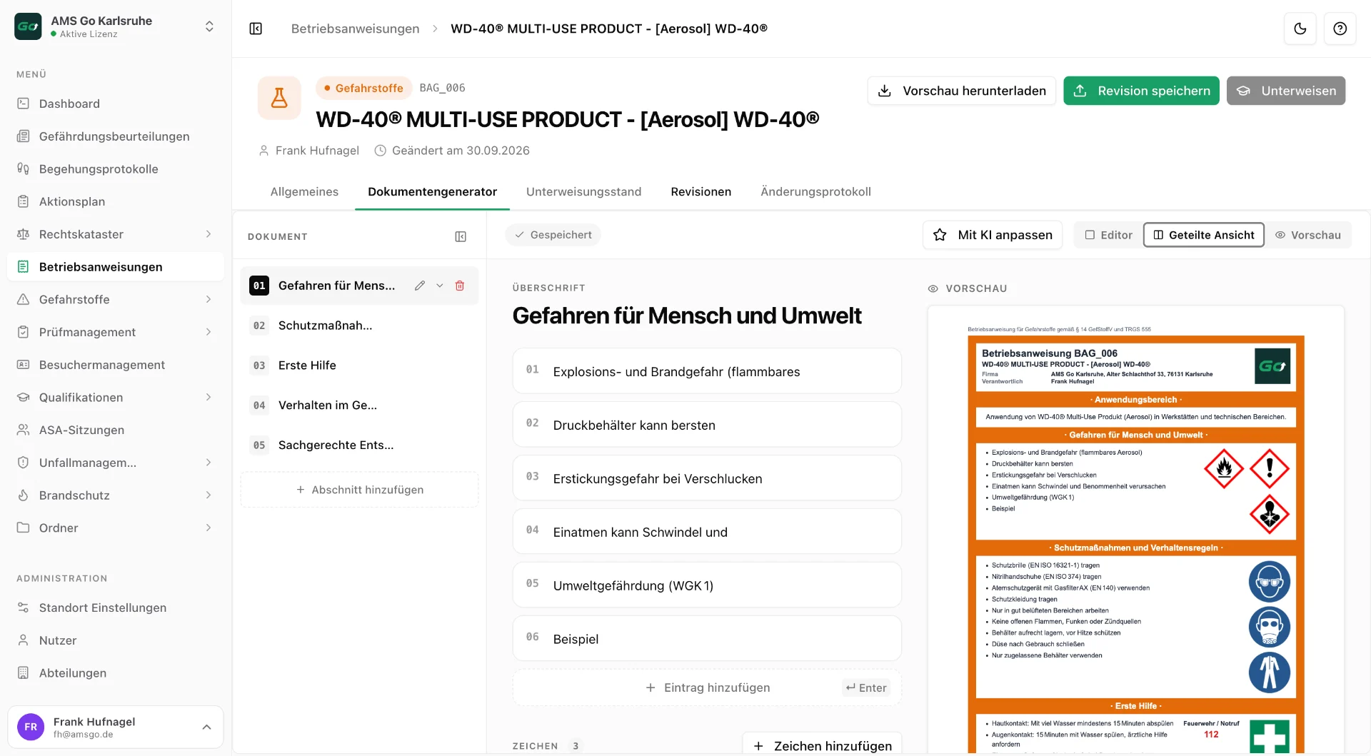 AMS Go Web-App: Dokumentengenerator für Betriebsanweisungen mit Live-Vorschau