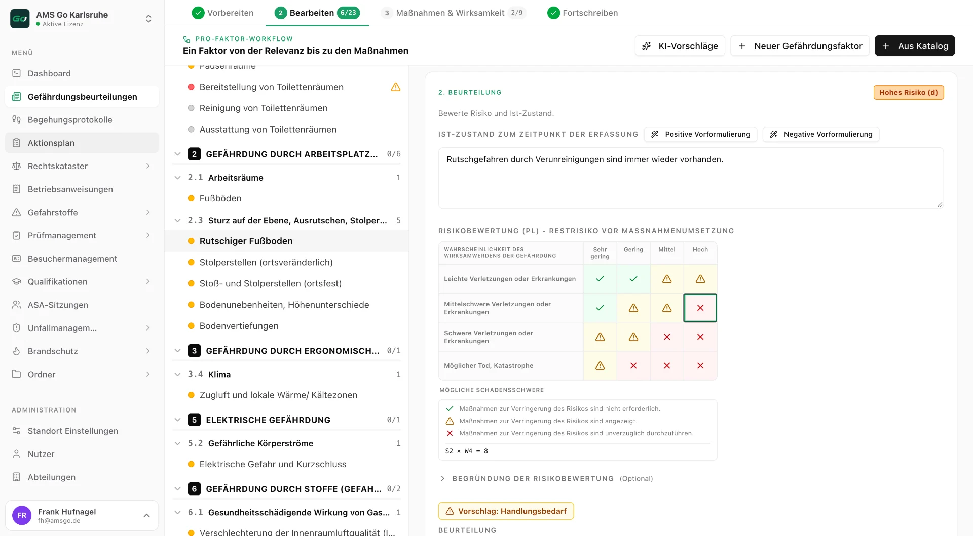 AMS Go Web-App: Gefährdungsbeurteilung im Pro-Faktor-Workflow mit Risikomatrix und KI-Vorschlägen