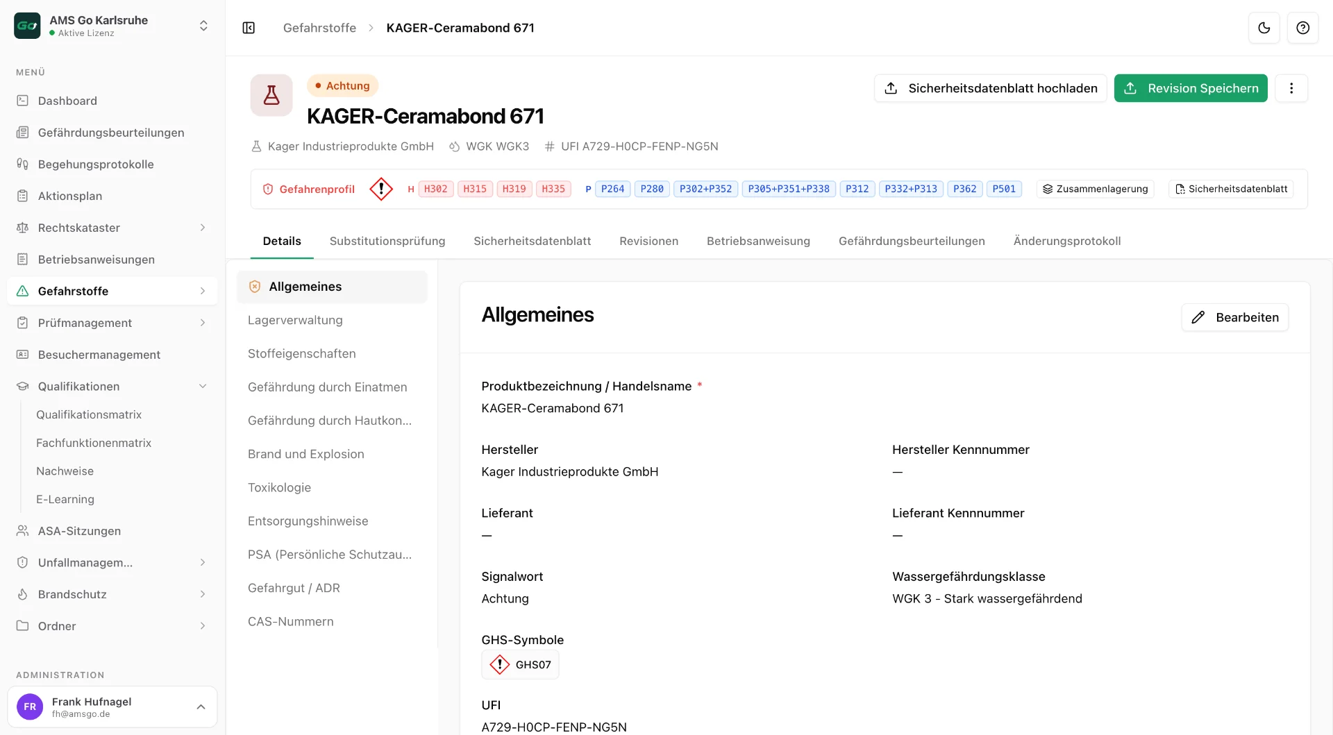 AMS Go Web-App: Gefahrstoff mit Gefahrenprofil, H- und P-Sätzen und Sicherheitsdatenblatt